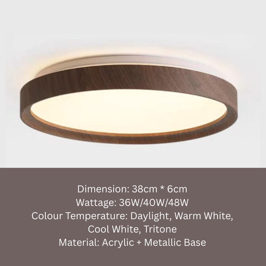 Premium Dark Wood Walnut Print LED Ceiling Light Japandi Style