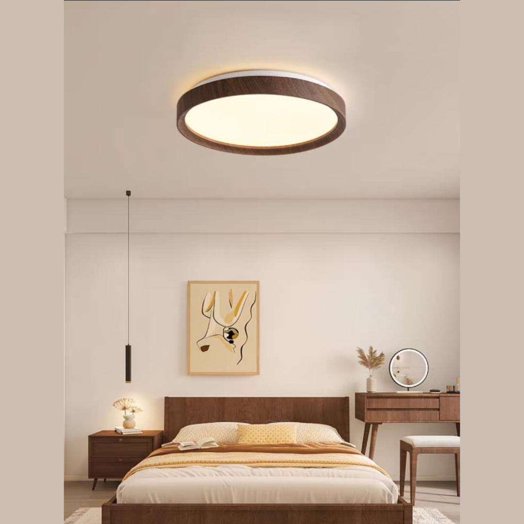 Premium Dark Wood Walnut Print LED Ceiling Light Japandi Style