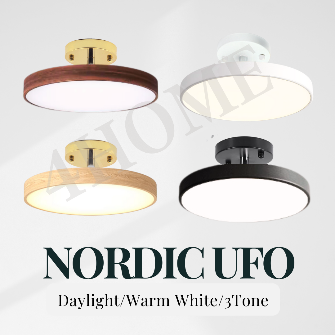 Premium Nordic UFO 24W 36W Black White Walnut Pine Wood Print Minimal LED Ceiling Light - Daylight Warm White Tri-tone Macaron 4HOME SINGAPORE - 4HOME