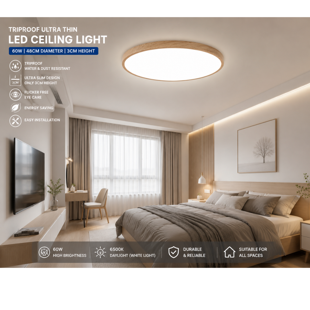 Ultra Thin 3CM Triproof Surface LED Ceiling Light | Black, Light Wood Print & Silver | Modern Slim Ceiling Light Singapore