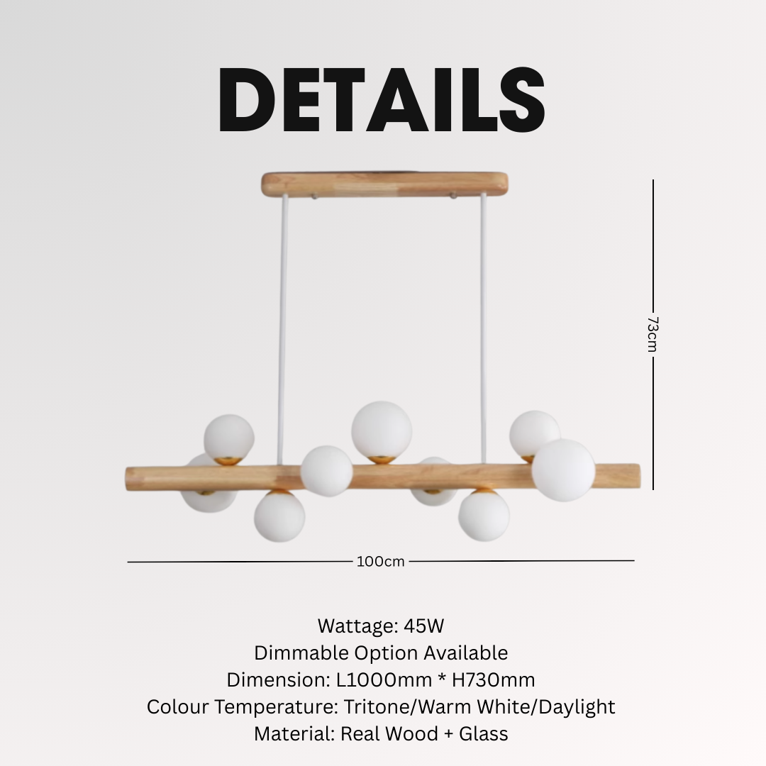 Scandinavian 9 Heads Modern Glass Globe Solid Wood Linear Pendant Light Island Dining Table
