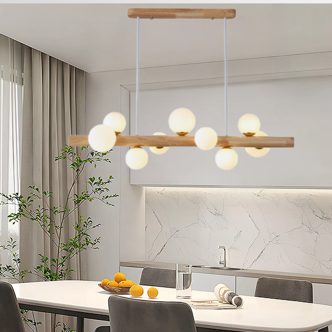 Scandinavian 9 Heads Modern Glass Globe Solid Wood Linear Pendant Light Island Dining Table