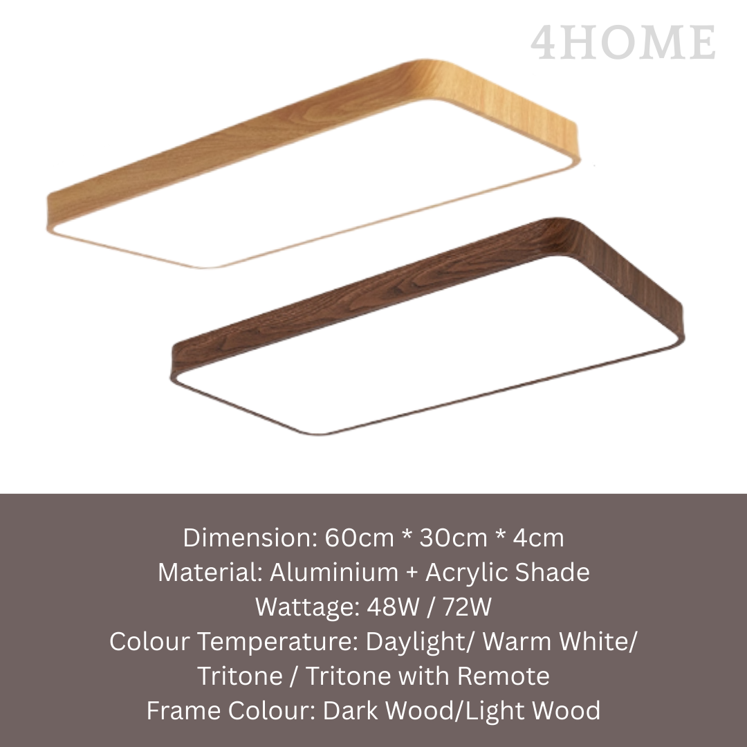 Modern Rectangular Ceiling Light Light Oak Dark Walnut Wood Print 60cm for Living Rooms, Bedrooms & Offices