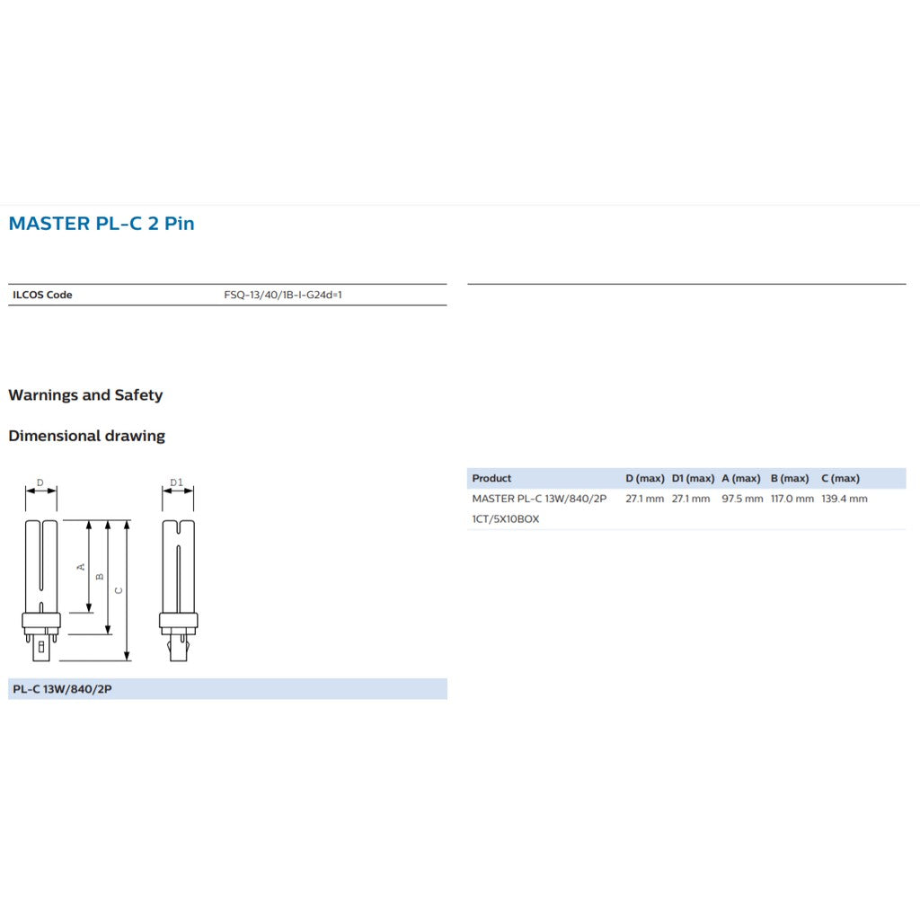 Philips Master PL-C / PLC 2 Pin 2P 13W 18W Light Tube 827 840 865 4HOME SINGAPORE - 4HOME