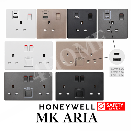 Honeywell MK Aria Single Double 13A Socket with USB A C Safety Mark Rose Gold Grey Black White 4HOME SINGAPORE - 4HOME