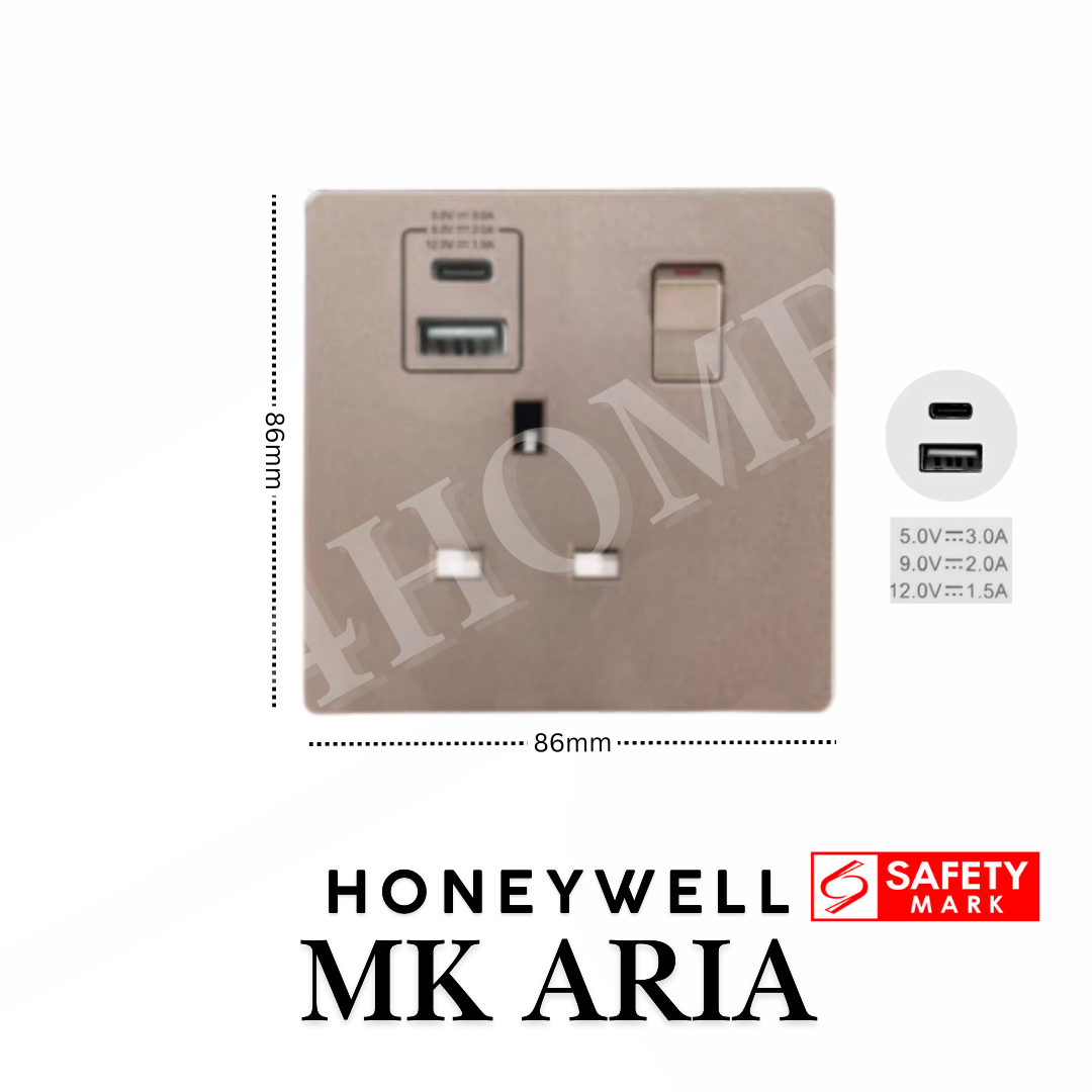 Honeywell MK Aria Single Double 13A Socket with USB A C Safety Mark Rose Gold Grey Black White 4HOME SINGAPORE - 4HOME