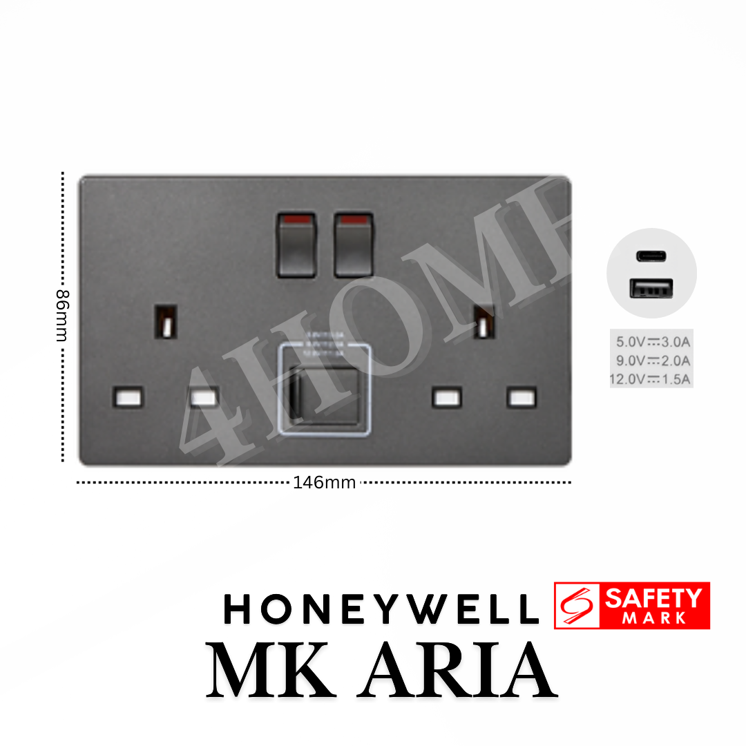 Honeywell MK Aria Single Double 13A Socket with USB A C Safety Mark Rose Gold Grey Black White 4HOME SINGAPORE - 4HOME