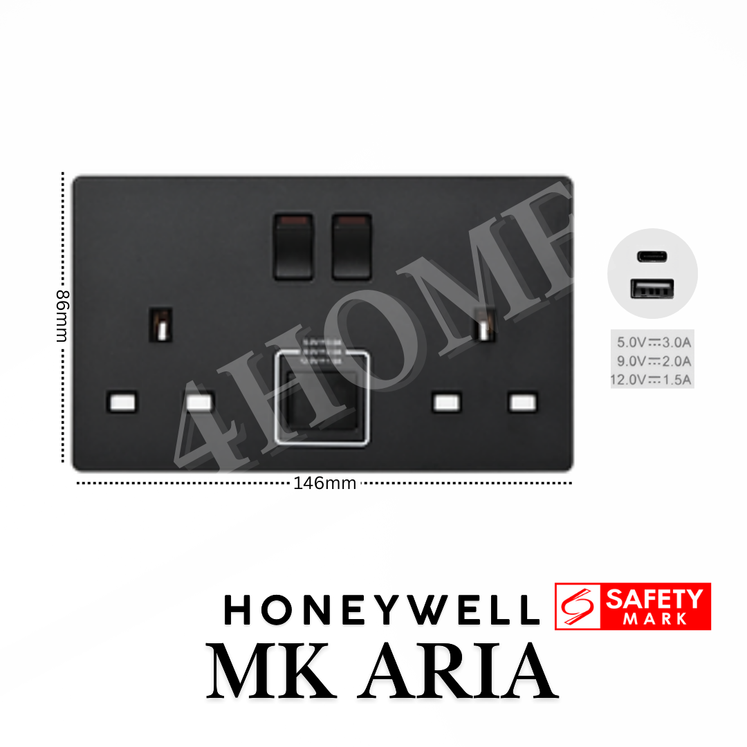 Honeywell MK Aria Single Double 13A Socket with USB A C Safety Mark Rose Gold Grey Black White 4HOME SINGAPORE - 4HOME