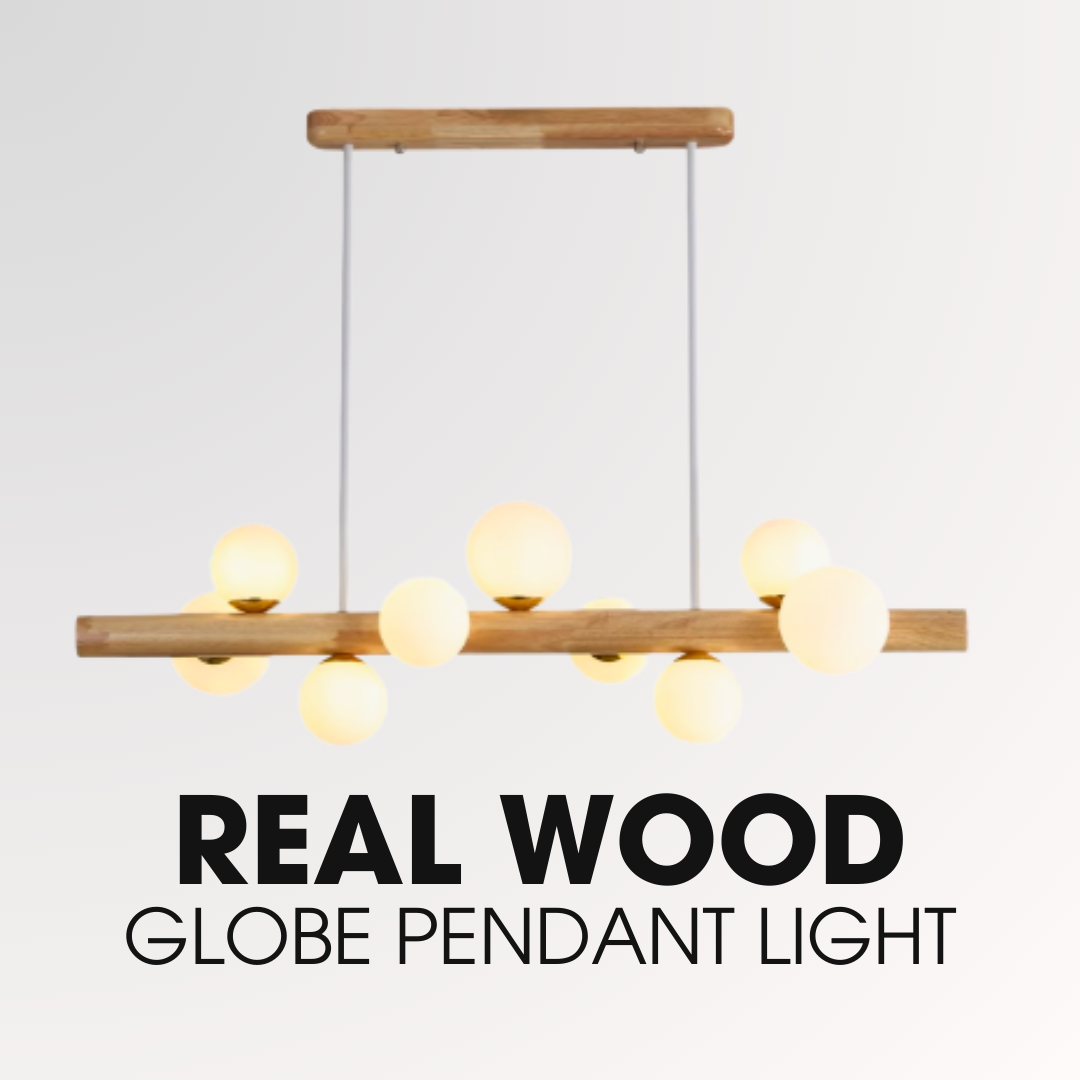 Scandinavian 9 Heads Modern Glass Globe Solid Wood Linear Pendant Light Island Dining Table