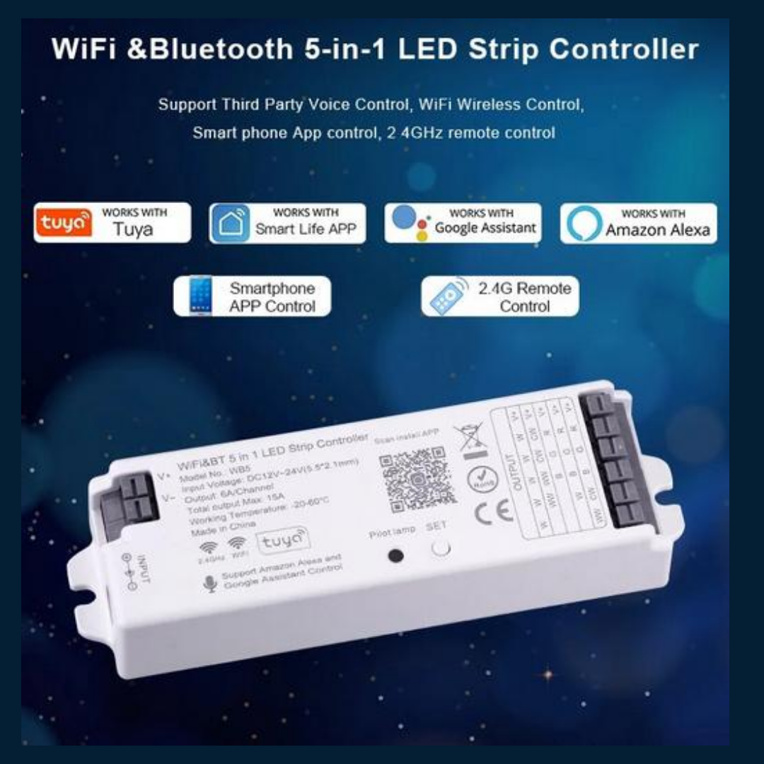 WiFi RF Bluetooth 5-in-1 LED Strip Controller 12V-24V RGB+CCT RGBW Smart Light Controller with Tuya, Alexa Smart Life for strip light
