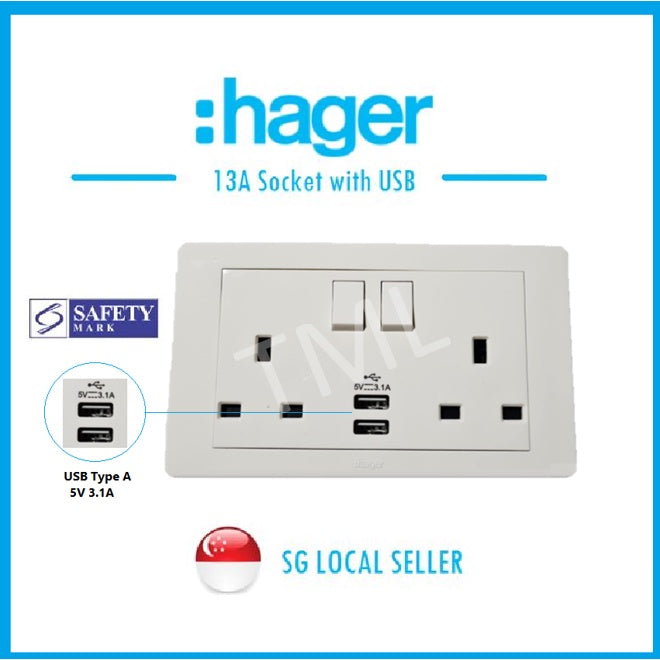 Hager 13A Socket with USB (Safety Mark) 4HOME SINGAPORE - 4HOME