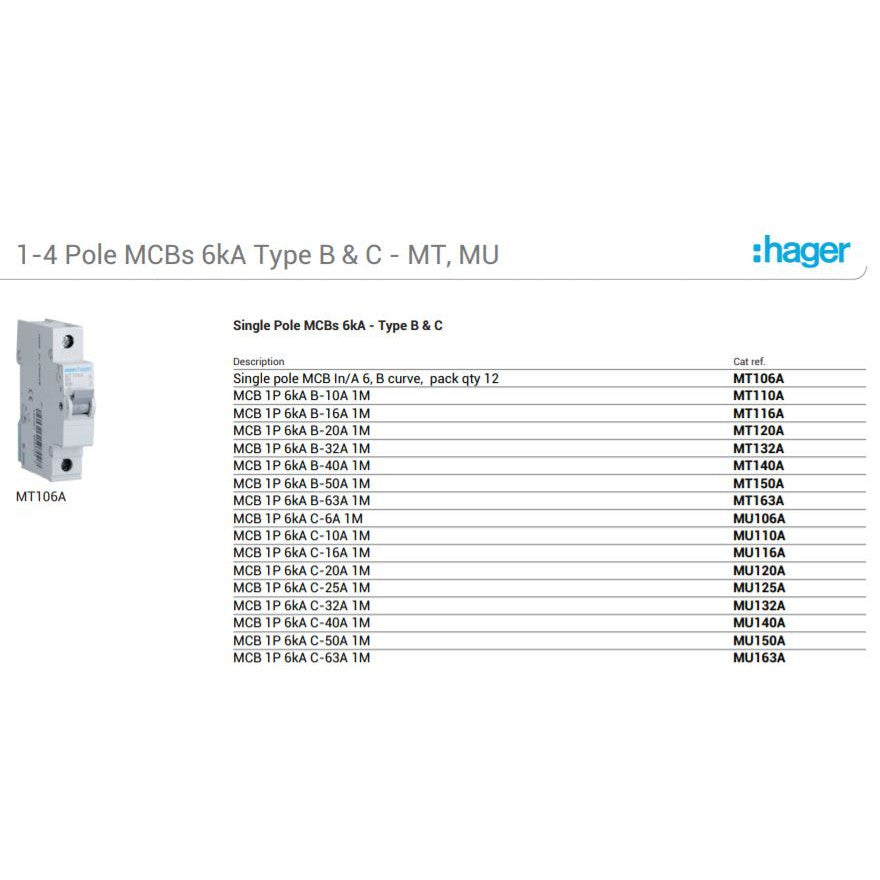 Hager 1P Single Pole MCB Type B MT110A MT116A MT120A MT132A MT140A 4HOME SINGAPORE - 4HOME