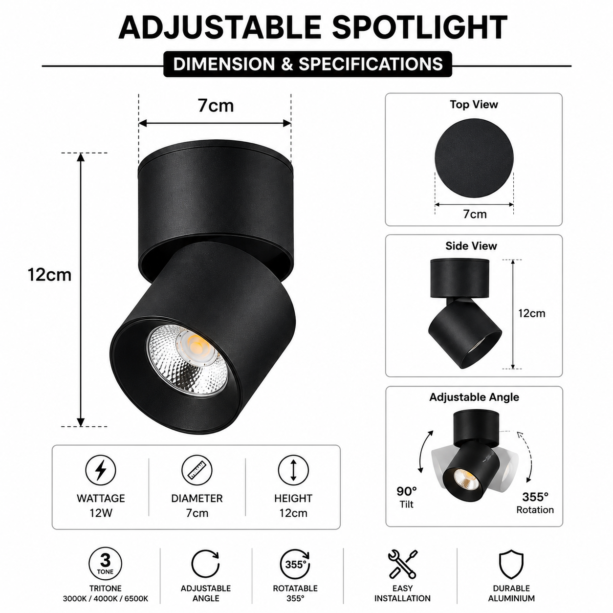 detailed dimension and specification of adjustable spotlight
