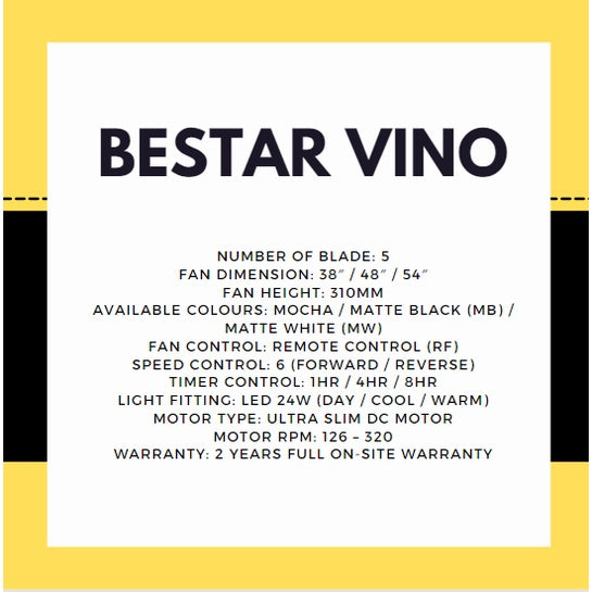 Bestar Vino 5blades DC Ceiling Fan 38inch 48inch 54inch 24W light 4HOME SINGAPORE - 4HOME