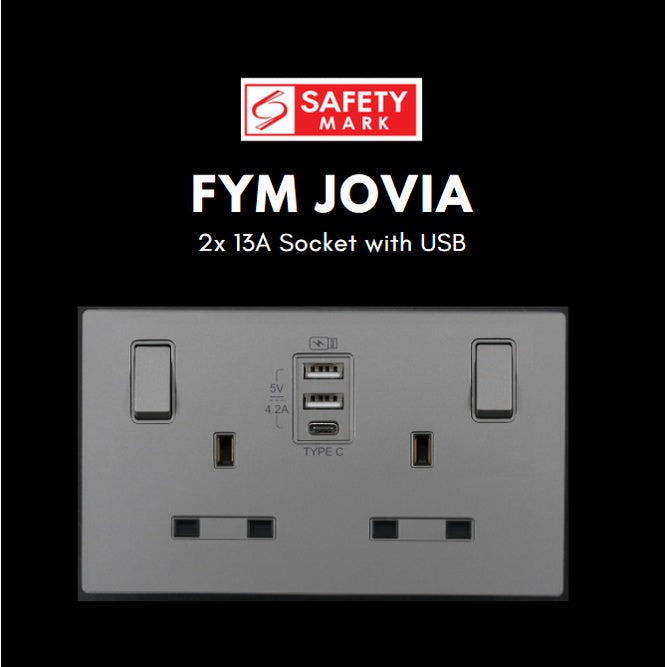 FYM Jovia 2x13A Double Socket with USB Singapore Safety Mark Matt Black Grey White 4HOME SINGAPORE - 4HOME