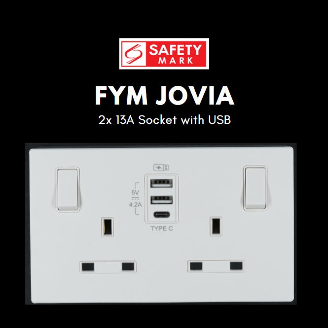FYM Jovia 2x13A Double Socket with USB Singapore Safety Mark Matt Black Grey White 4HOME SINGAPORE - 4HOME