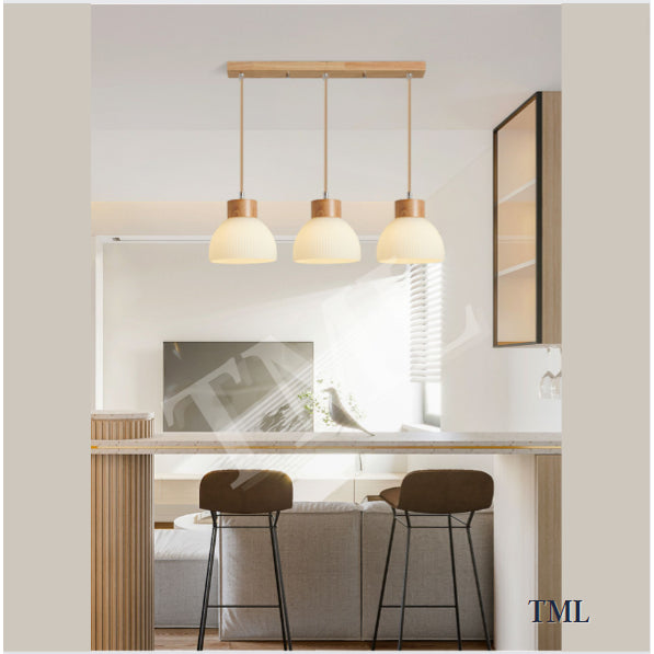 Linear Wood Japanese Design 3Head Pendant Light Dining Island 4HOME SINGAPORE - 4HOME