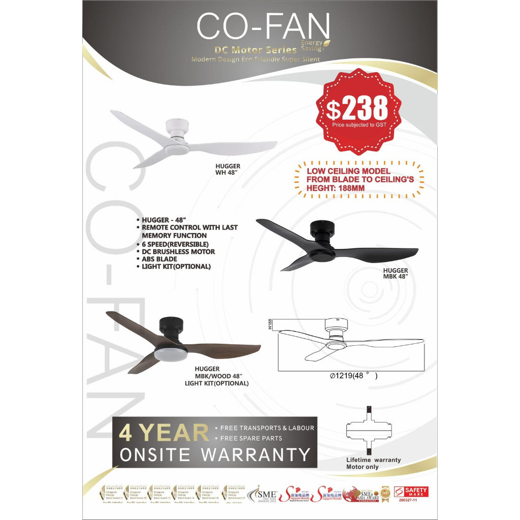 Fanco Hugger Ceiling Fan 48" Low Ceiling 188 mm Short Fan Height for BTO Condo 4HOME SINGAPORE - 4HOME