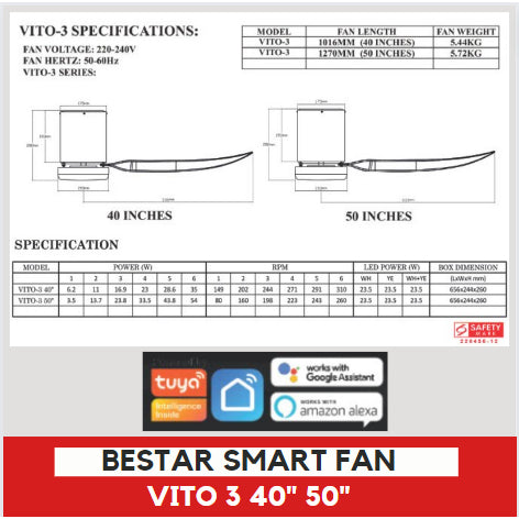 BESTAR Smart Hugger Wifi Controlled Ceiling Fan VITO 3 DC Motor 40" 50" 3blades 4HOME SINGAPORE - 4HOME