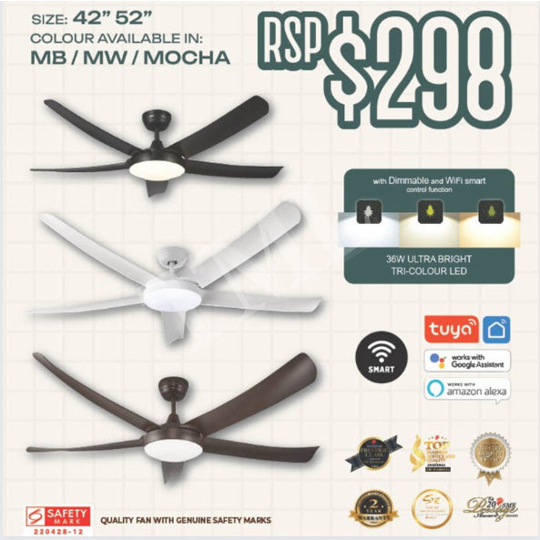 Bestar VESTA SMART Ceiling Fan Ultra Bright 36W Dimmable 5 Blades 42inch 52inch DC Fan 4HOME SINGAPORE - 4HOME
