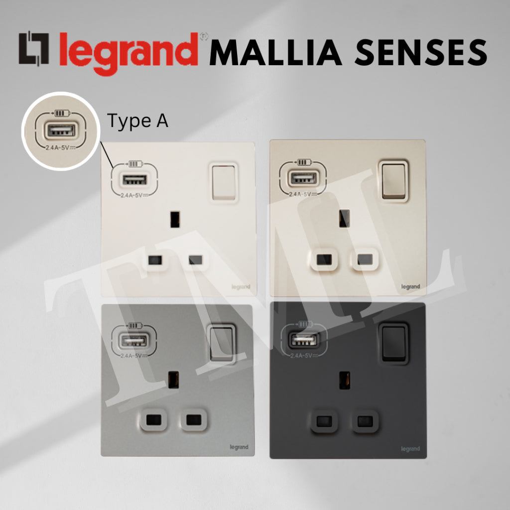 Legrand Mallia Senses Single Double Socket with USB Designer Matt Black Silver Champagne 4HOME SINGAPORE - 4HOME