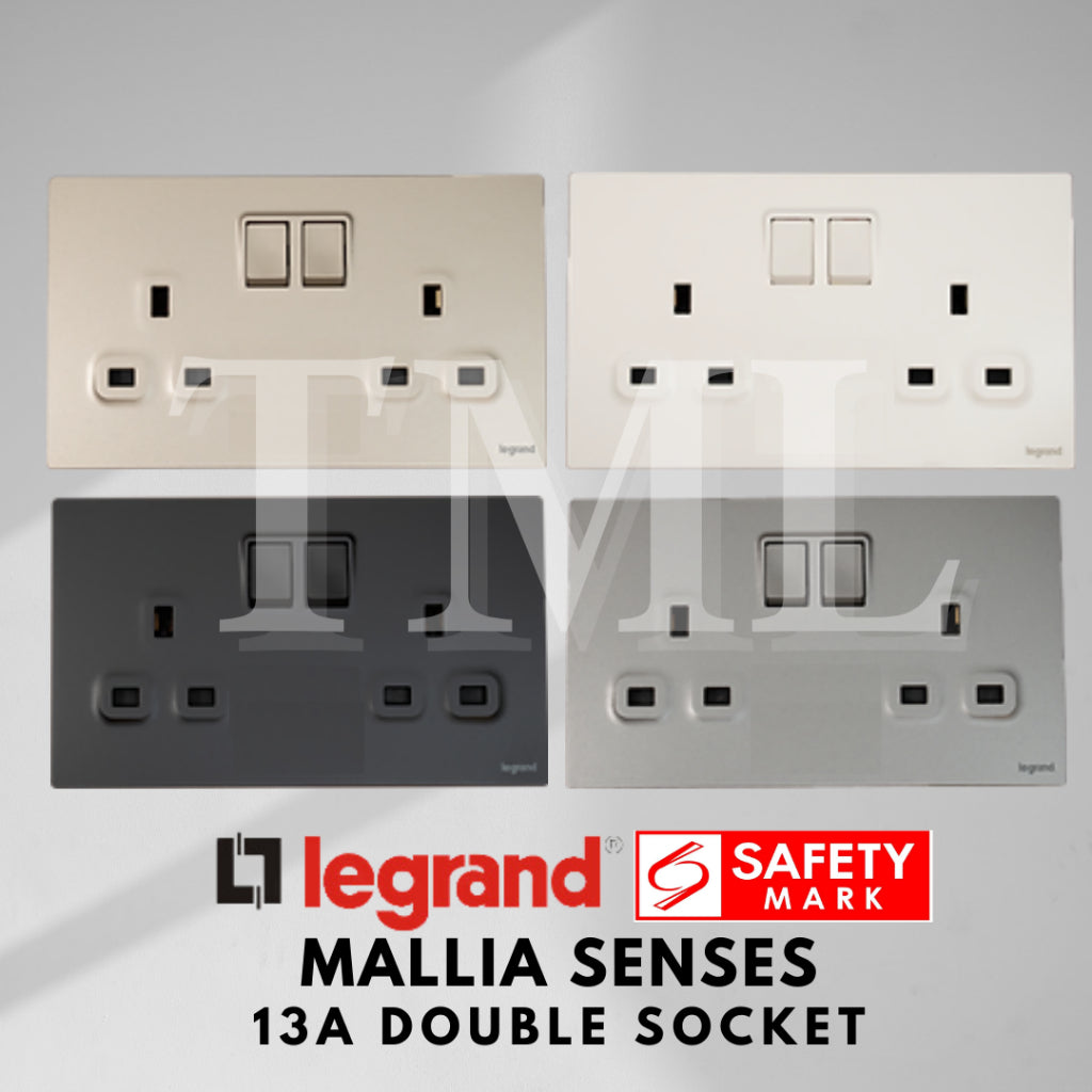Legrand Mallia Senses Double Socket 2x13A Designer Matt Black Silver Champagne 4HOME SINGAPORE - 4HOME