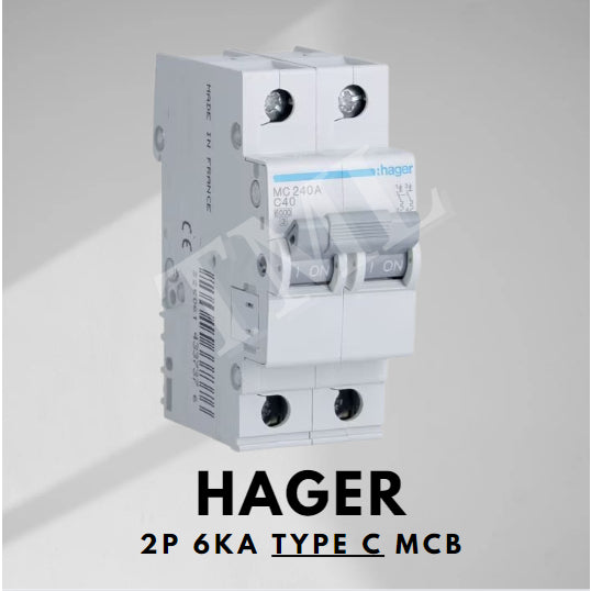Hager 2P Two Pole MCB 6kA Type B Type C MT22A MT240A MC240A 32A 40A Hager 2 Pole 4HOME SINGAPORE - 4HOME