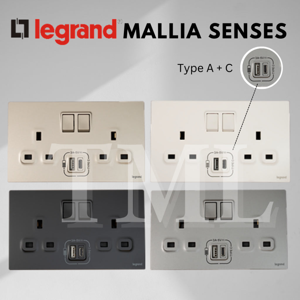 Legrand Mallia Senses Single Double Socket with USB Designer Matt Black Silver Champagne 4HOME SINGAPORE - 4HOME