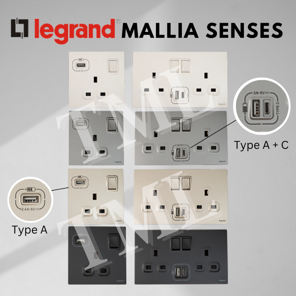 Legrand Mallia Senses Single Double Socket with USB Designer Matt Black Silver Champagne 4HOME SINGAPORE - 4HOME