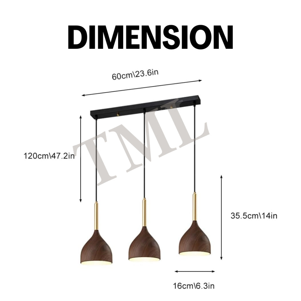 Linear Dark Wood Print Walnut Japanese Design 3Head Pendant Light E27 Dining Island 4HOME SINGAPORE - 4HOME