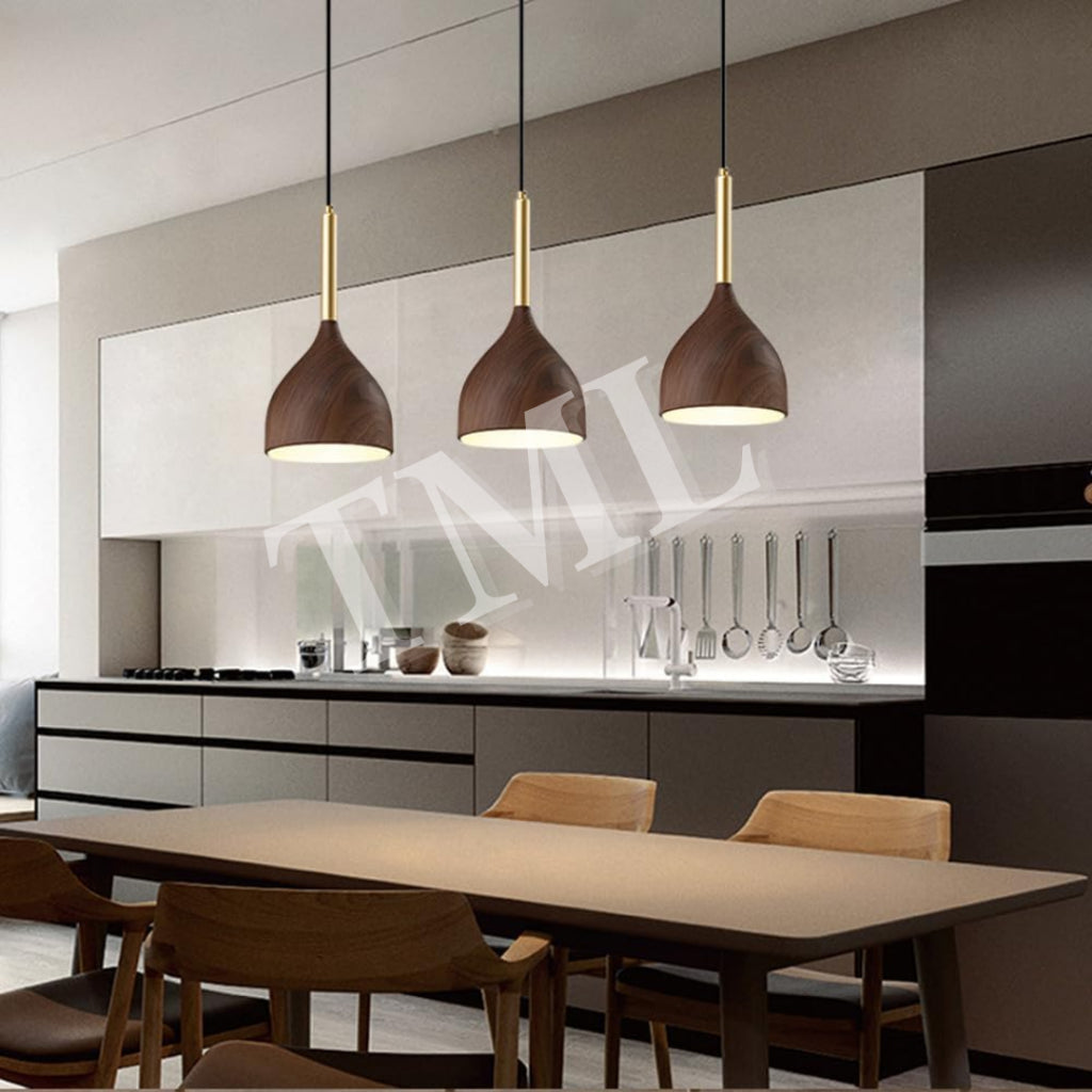 Linear Dark Wood Print Walnut Japanese Design 3Head Pendant Light E27 Dining Island 4HOME SINGAPORE - 4HOME