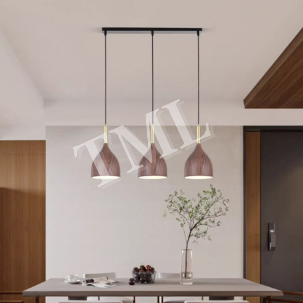 Linear Dark Wood Print Walnut Japanese Design 3Head Pendant Light E27 Dining Island 4HOME SINGAPORE - 4HOME