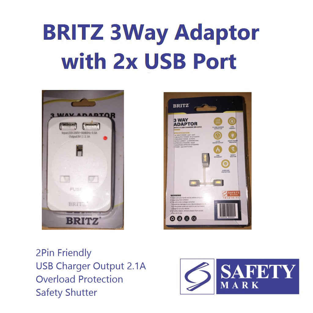 Britz 13A 3 Way Adaptor with 2 x USB Port USB A USB C (Safety Mark) 4HOME SINGAPORE - 4HOME