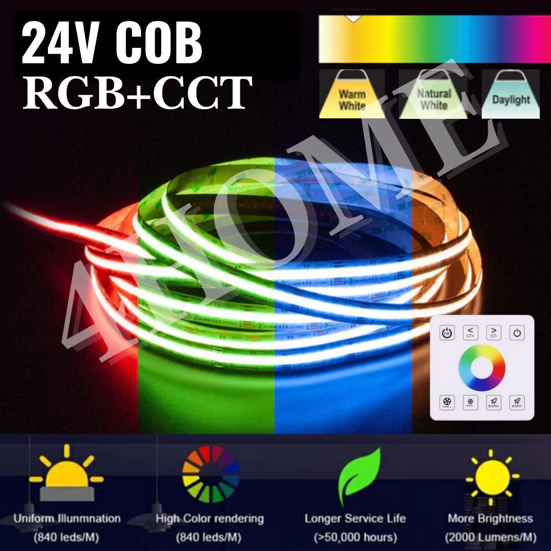 24V RGBCCT RGBCW Dimmable COB LED Strip Light 840 LEDs 12mm High Density Flexible 5meter 4HOME SINGAPORE - 4HOME