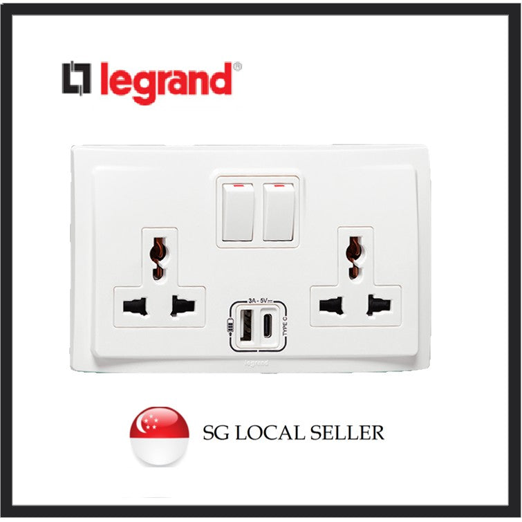 Legrand Mallia 2G Multistandard socket outlet with USB charger White Matt Black Silver 4HOME SINGAPORE - 4HOME