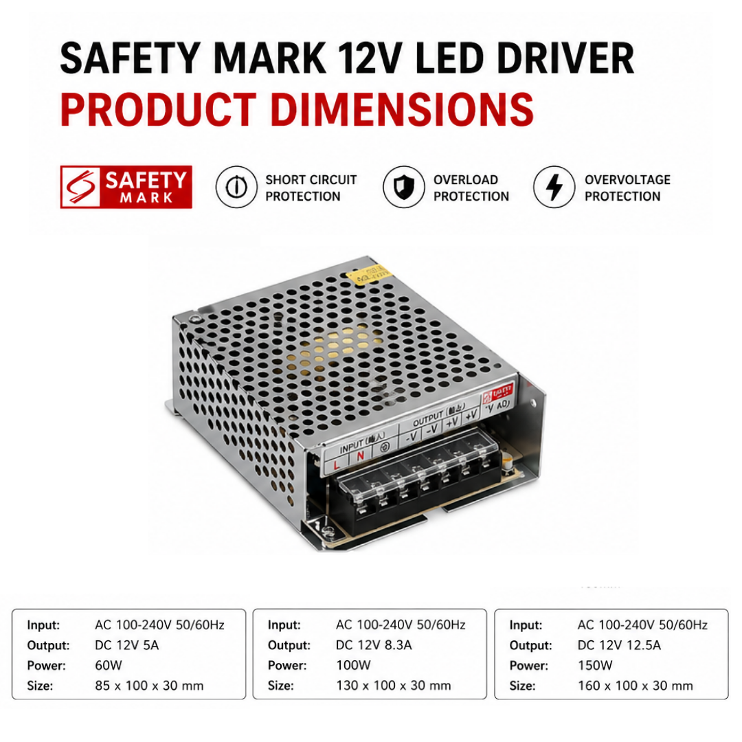 12V Singapore Safety Mark Approved | 60W 100W 150W 