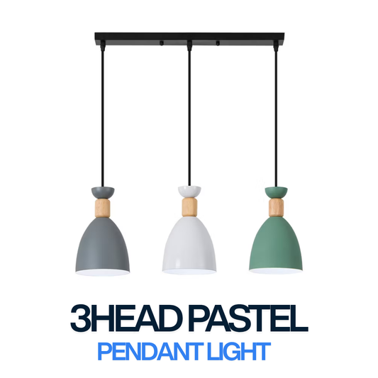 3 Head Pastel Pendant Light with Wooden Accent – Modern Nordic Hanging Lamp for Dining Table / Kitchen Island / Café