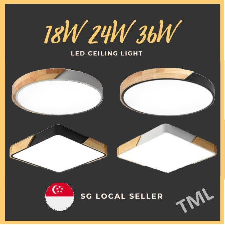 4HOME SINGAPORE 24W 36W Square Nordic Ceiling Light Black White Wooden Frame Round - 4HOME