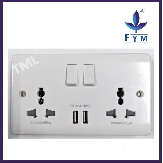 [SG Local Seller] FYM Wall Power Socket Outlet with USB Port Single Socket Double Socket UP2100WH UP3100WH 4HOME SINGAPORE - 4HOME