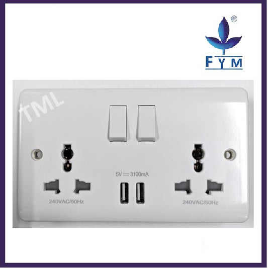 [SG Local Seller] FYM Wall Power Socket Outlet with USB Port Single Socket Double Socket UP2100WH UP3100WH 4HOME SINGAPORE - 4HOME