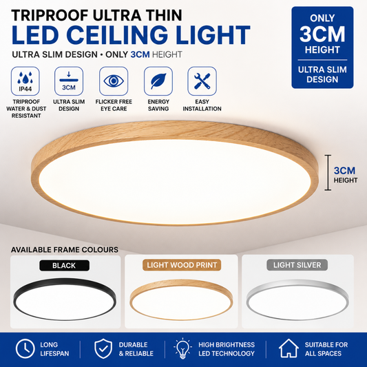 Ultra Thin 3CM Triproof Surface LED Ceiling Light | Black, Light Wood Print & Silver | Modern Slim Ceiling Light Singapore