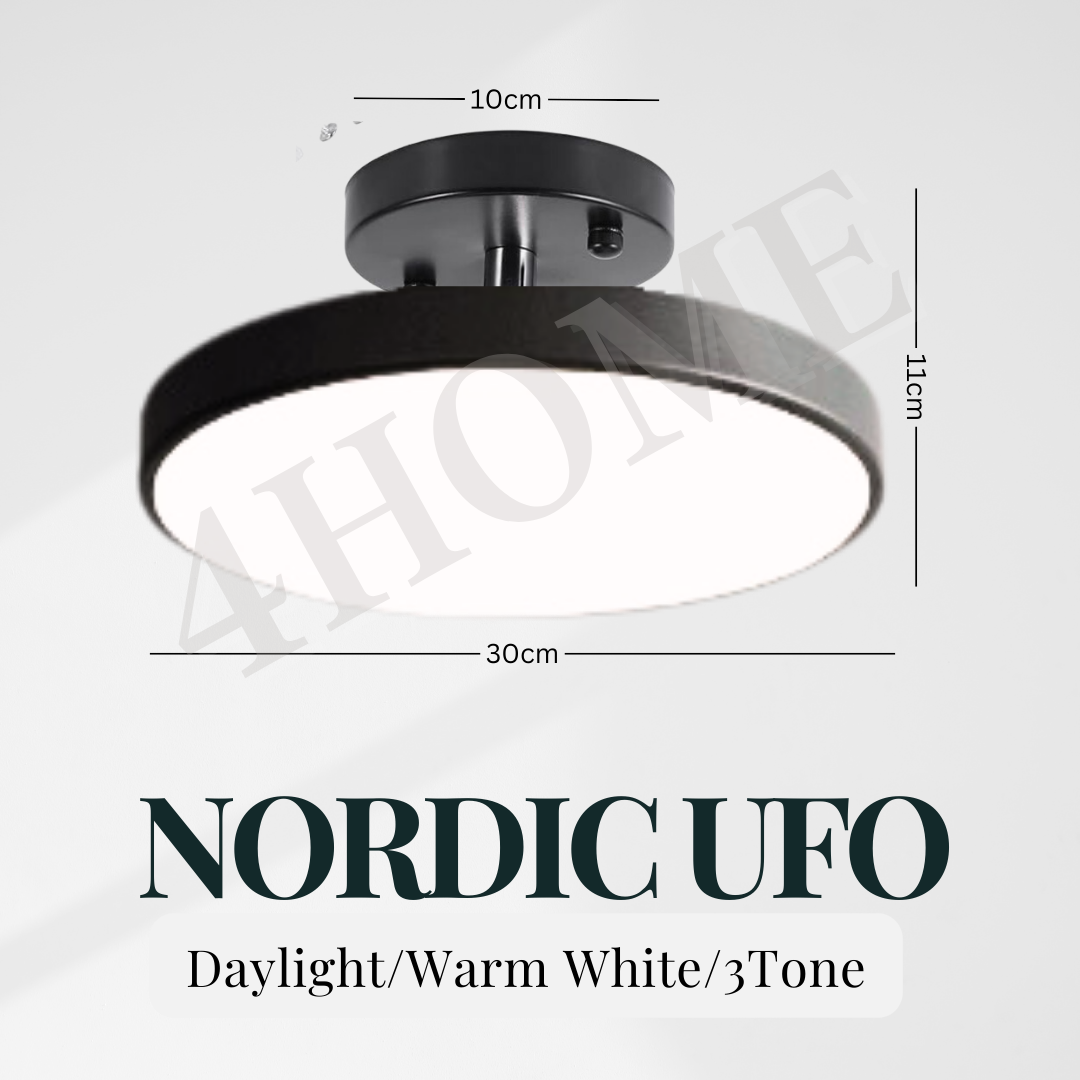 Premium Nordic UFO 24W 36W Black White Walnut Pine Wood Print Minimal LED Ceiling Light - Daylight Warm White Tri-tone Macaron 4HOME SINGAPORE - 4HOME