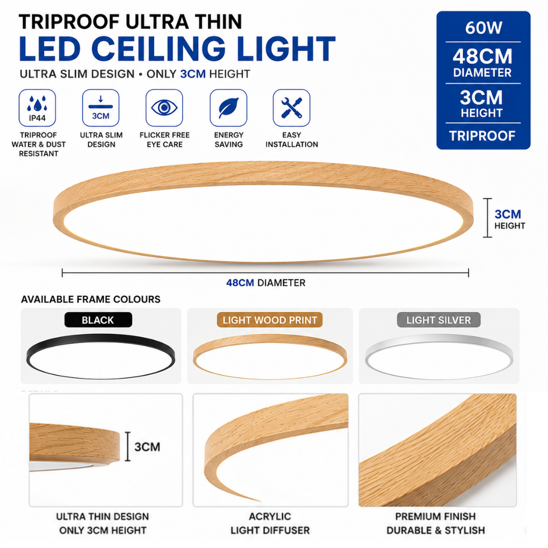 Ultra Thin 3CM Triproof Surface LED Ceiling Light | Black, Light Wood Print & Silver | Modern Slim Ceiling Light Singapore