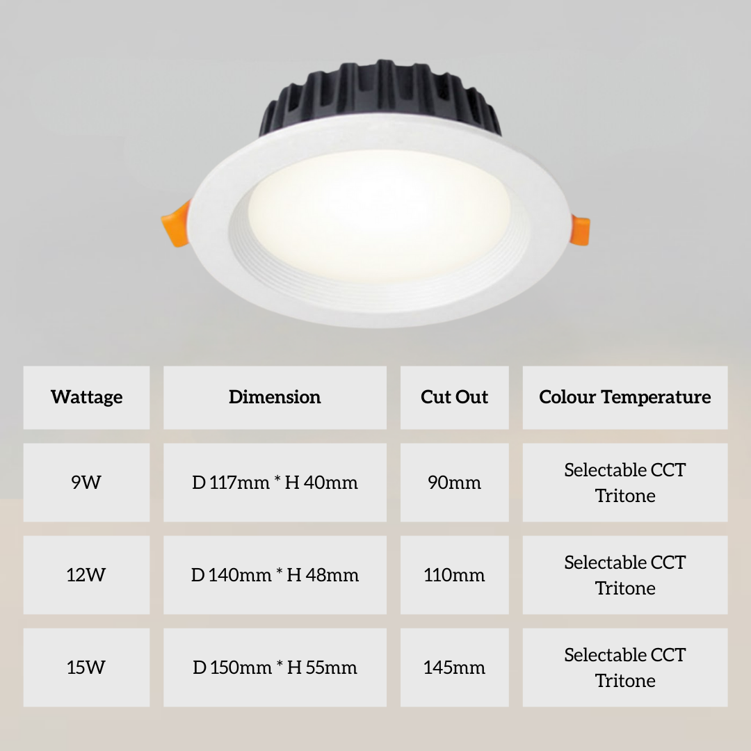 Premium Recessed Round LED Downlight with Selectable CCT / Tritone – High Lumen 9W 12W 15W