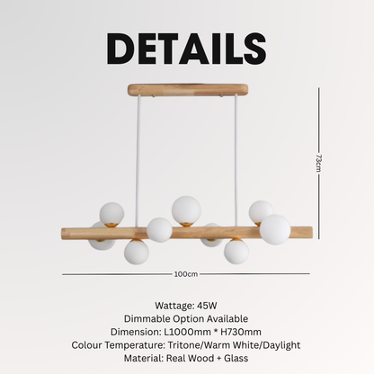 Scandinavian 9 Heads Modern Glass Globe Solid Wood Linear Pendant Light Island Dining Table
