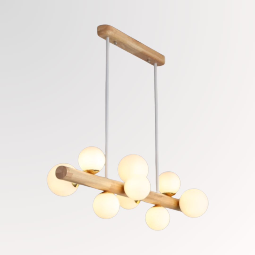 Scandinavian 9 Heads Modern Glass Globe Solid Wood Linear Pendant Light Island Dining Table