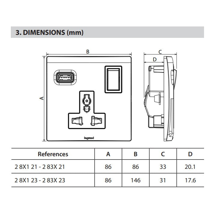 Legrand Mallia 2G Multistandard socket outlet with USB charger White Matt Black Silver 4HOME SINGAPORE - 4HOME