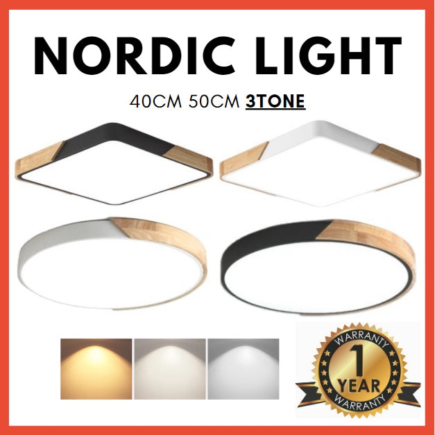 1YEAR WARRANTY Nordic LED Ceiling Light 3Tone 30W 48W with Wood 40cm 50cm 4HOME SINGAPORE - 4HOME
