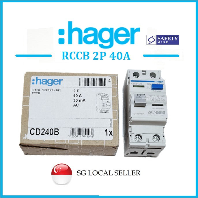 Hager 2P Double Pole RCCB CD240B 40A 30mA 4HOME SINGAPORE - 4HOME
