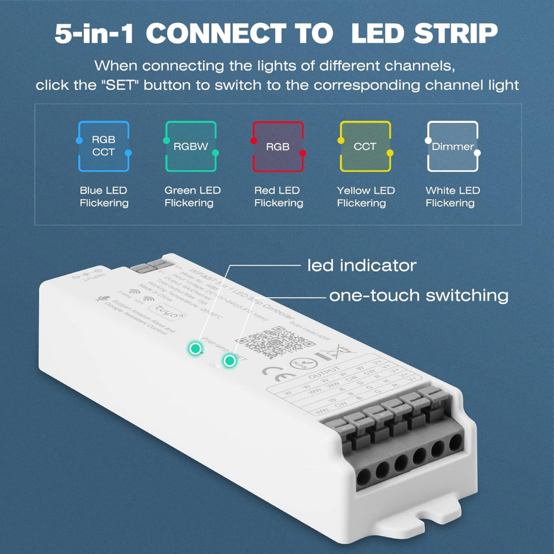 WiFi RF Bluetooth 5-in-1 LED Strip Controller 12V-24V RGB+CCT RGBW Smart Light Controller with Tuya, Alexa Smart Life for strip light
